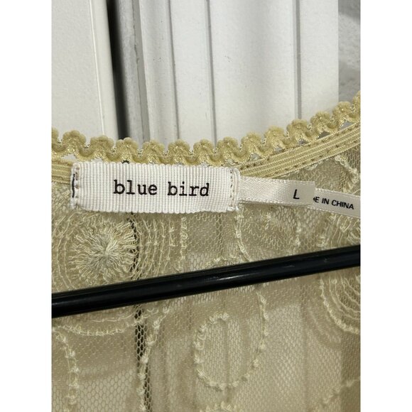 Blue Bird Sheer Beige Embroidered Lace Tunic Top V Neck Short Sleeves Size L - Picture 6 of 11